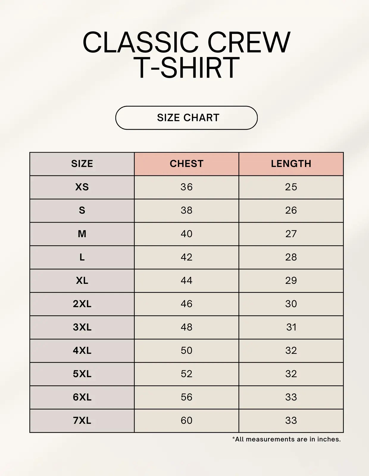 Classic crew t-shirt size chart with chest and length measurements from XS to 7XL in inches