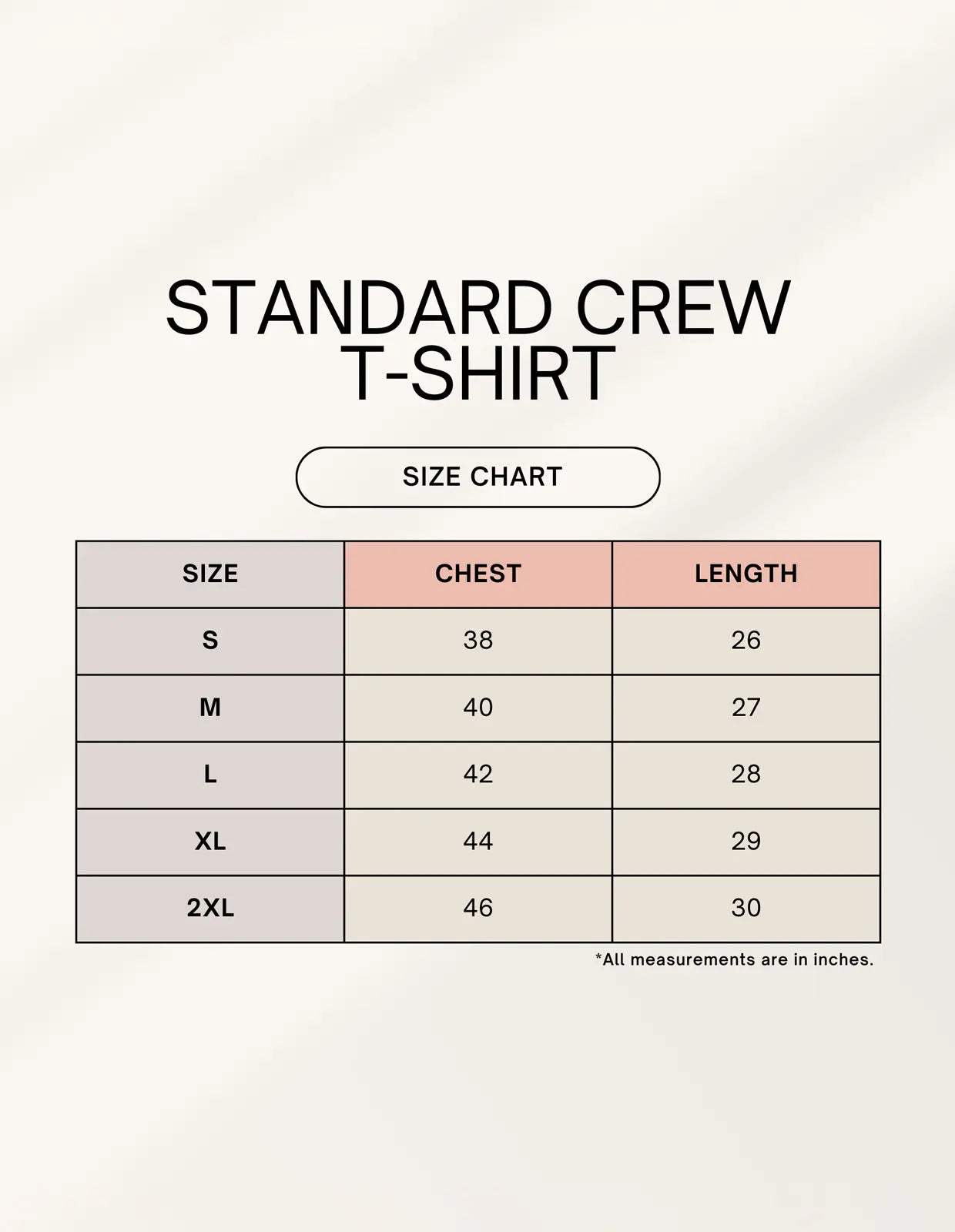 Standard crew t-shirt size chart with chest and length measurements in inches for sizes S to 2XL