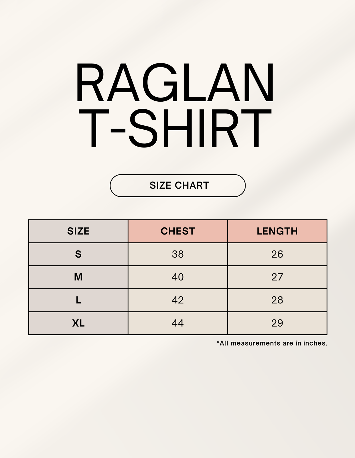 Raglan T-shirt size chart with measurements for chest and length in inches for sizes S to XL