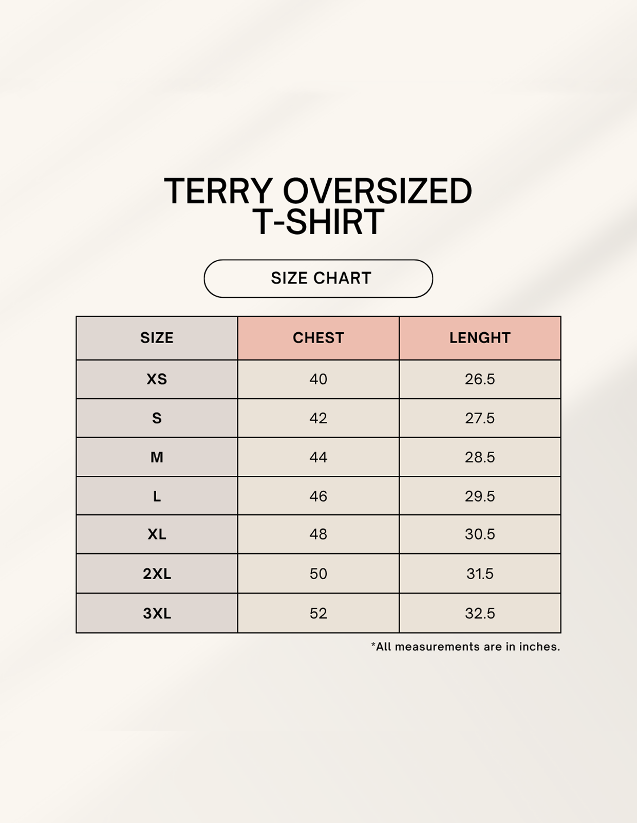 Terry oversized T-shirt size chart with chest and length measurements in inches from XS to 3XL