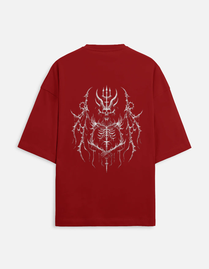 Red oversized t-shirt with white gothic skeletal demon graphic and trident design on back