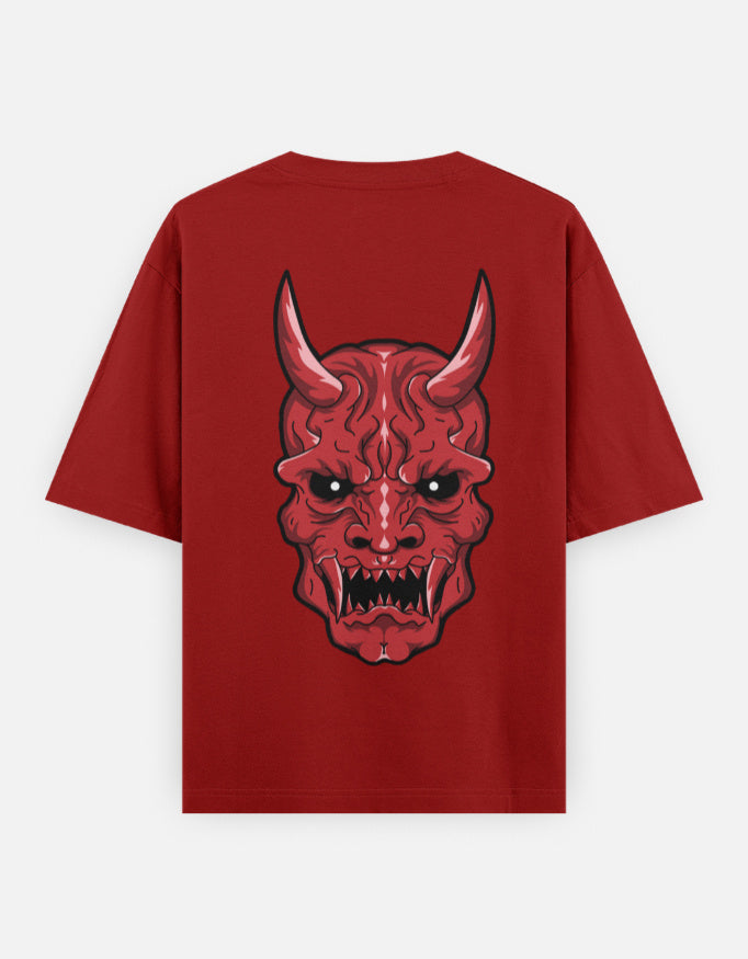 Red t-shirt with a detailed graphic of a fierce red demon head with horns and sharp teeth on the back
