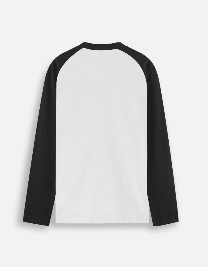 Back view of a long-sleeve raglan t-shirt with a white body and black sleeves on a plain background