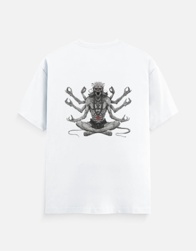 White T-shirt with dark multi-armed meditating figure graphic featuring red accents on back