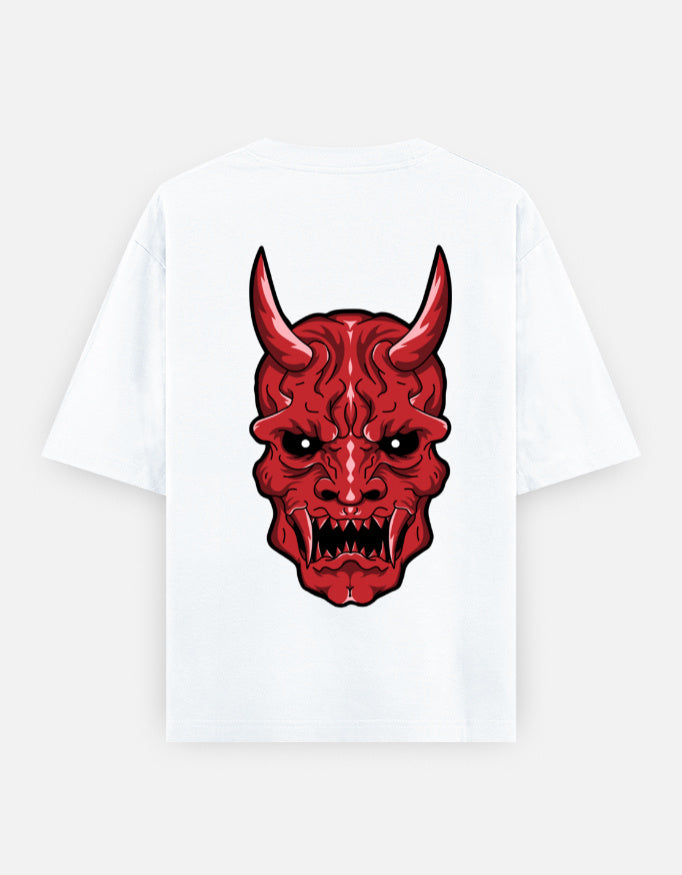 White T-shirt with a large red demon face graphic featuring horns and sharp teeth on the back