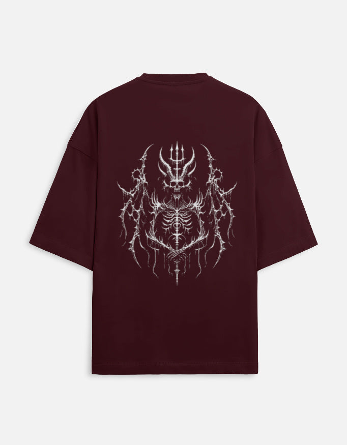 Dark maroon t-shirt with white intricate skeletal demon graphic holding trident on back