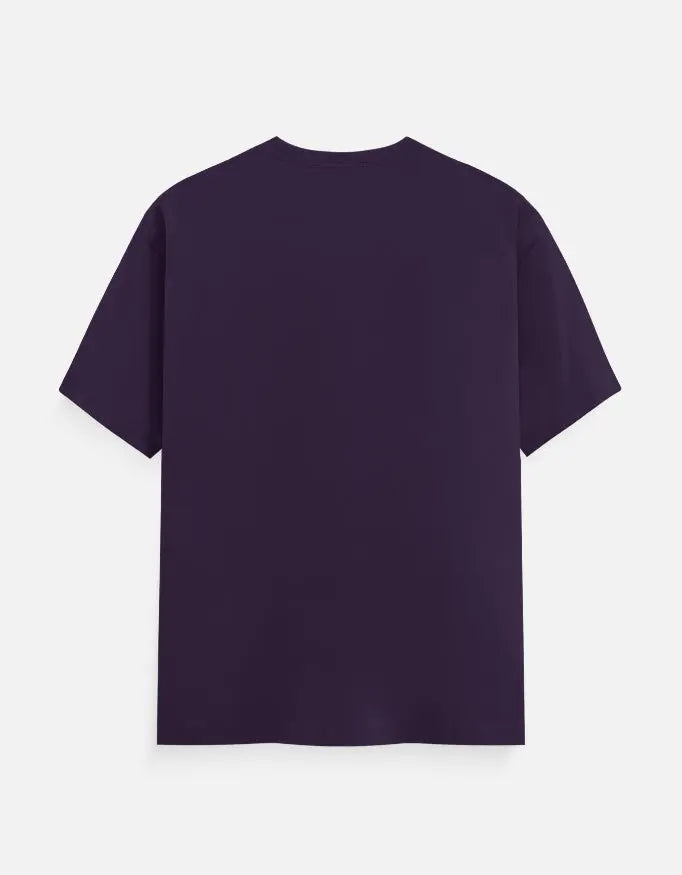 Back view of plain dark purple short-sleeve t-shirt on white background