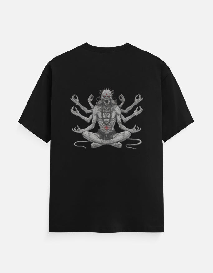 Black t-shirt with a detailed graphic of a multi-armed, demonic figure in a meditative pose with red eyes and markings