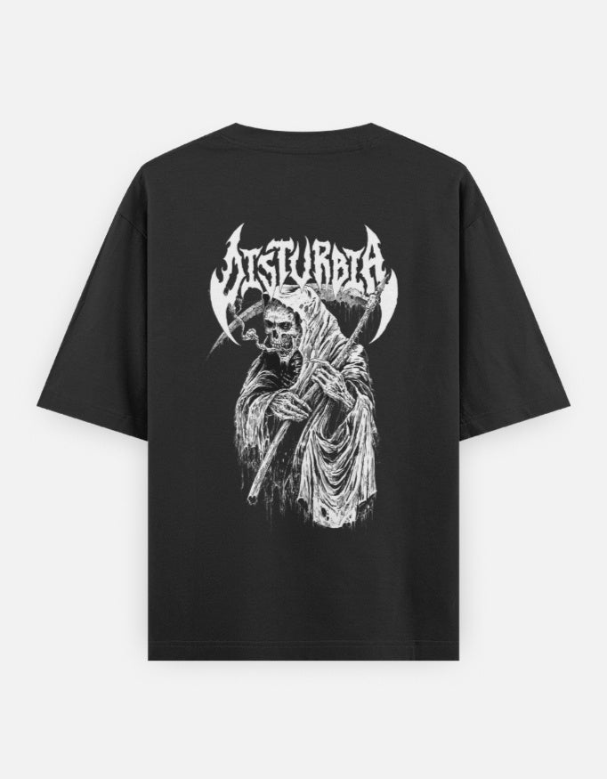Black t-shirt with white graphic of grim reaper holding scythe and text 'Obscurata' in gothic font
