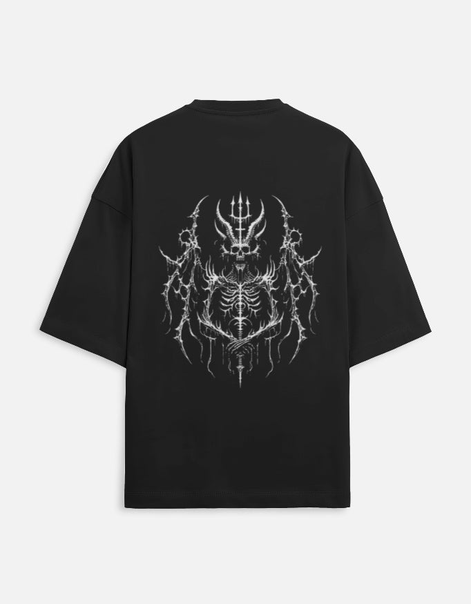 Black T-shirt with white intricate devil skeleton graphic holding a trident on the back