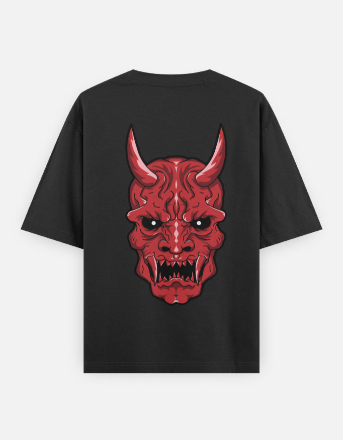 Black T-shirt with a large red demon skull graphic featuring horns and sharp teeth on the back