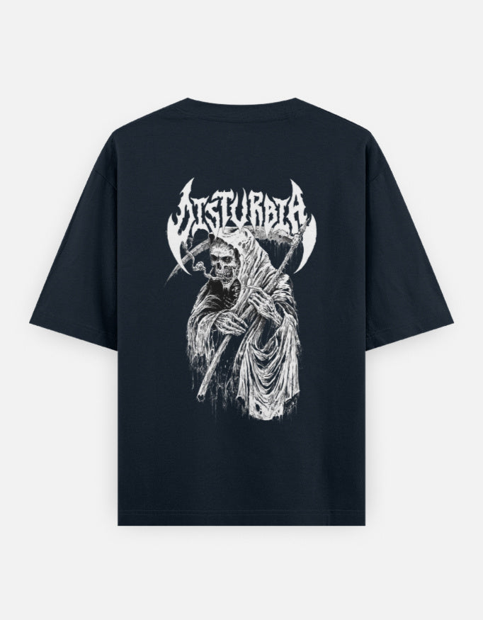Black t-shirt with white graphic of grim reaper holding scythe and text Insturbia on back
