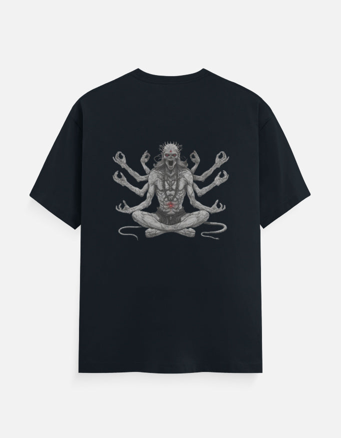 black t-shirt with graphic of fierce multi-armed meditating creature with red eyes and necklace