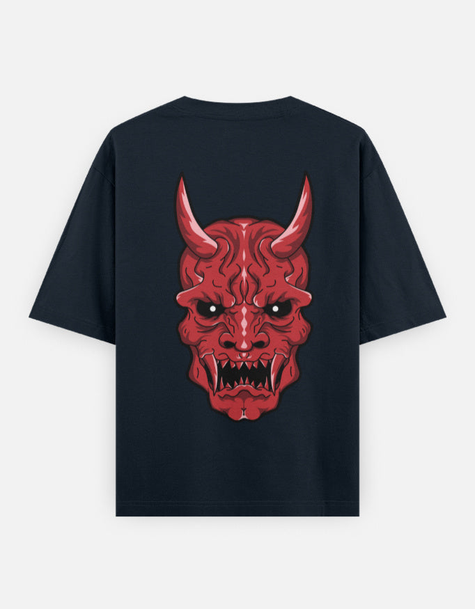 Black t-shirt with a large red demonic face graphic featuring horns and fangs on the back