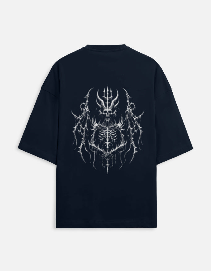 Black t-shirt with white intricate skeletal demon design holding a trident on back