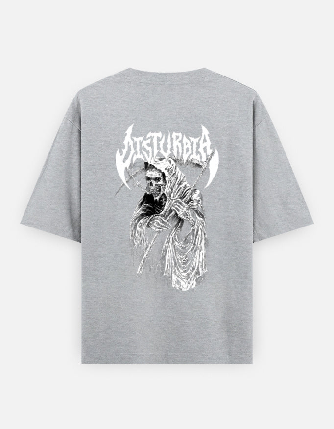 Gray t-shirt featuring a white graphic of a grim reaper holding a scythe with the word Insturbia above