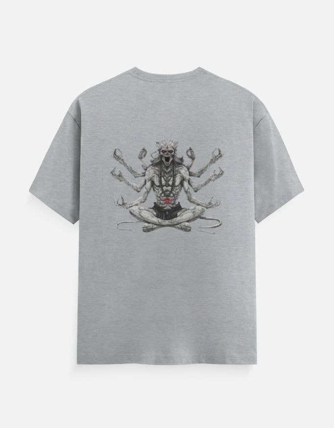 Gray t-shirt with a detailed graphic of a multi-armed skeletal figure sitting cross-legged with red eyes and chest markings
