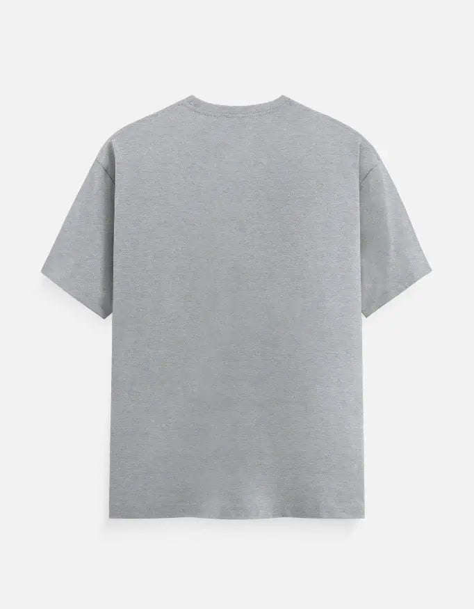 Back view of plain grey short sleeve t-shirt with crew neck on white background