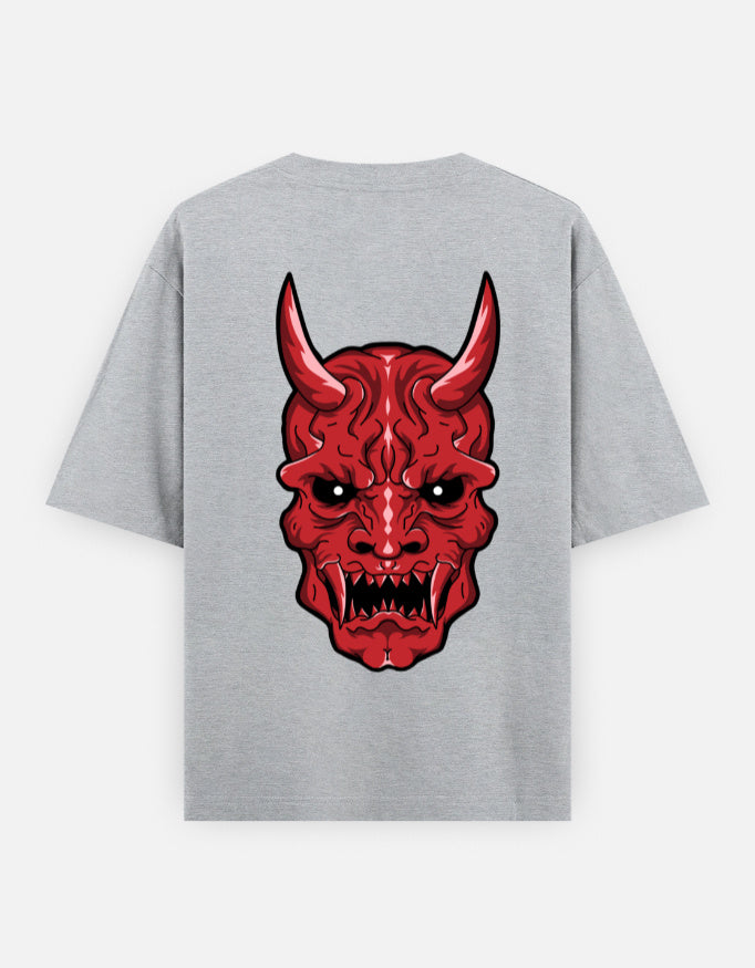 Gray t-shirt with a large red demonic horned face graphic on the back