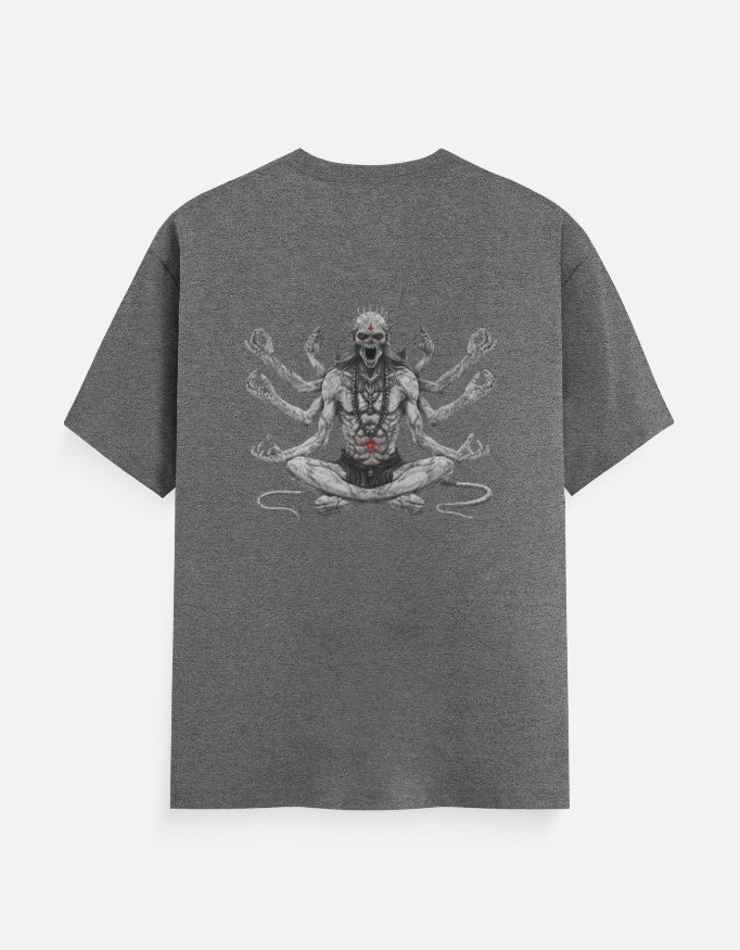 Gray t-shirt with graphic of a multi-armed skeletal figure meditating, red eyes and chest symbol
