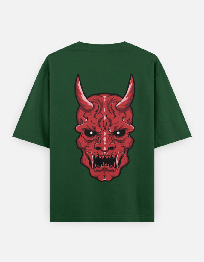 Green t-shirt featuring a bold red demon face with horns and sharp teeth graphic on the back