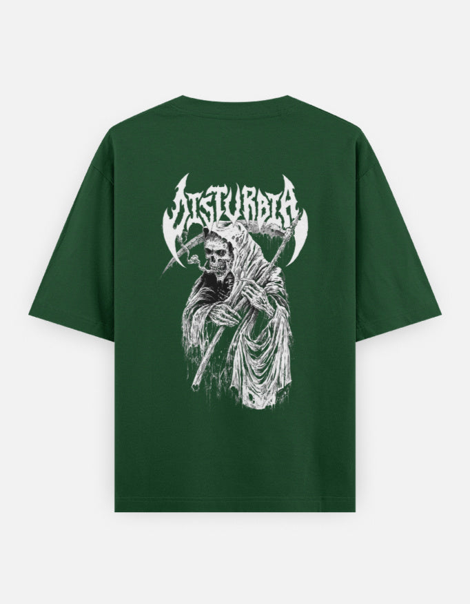 Dark green t-shirt with a white grim reaper holding a scythe and stylized text above on the back
