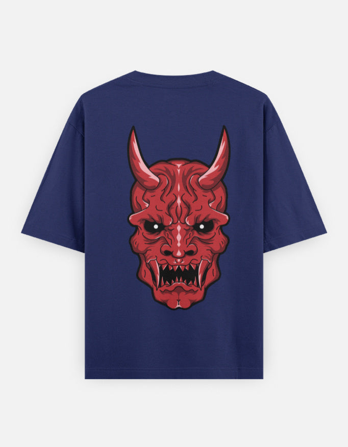 Navy blue t-shirt with a large red demon face featuring horns and sharp teeth printed on the back