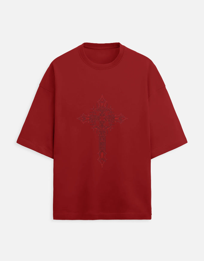 Red oversized T-shirt with intricate dark red gothic cross design on front