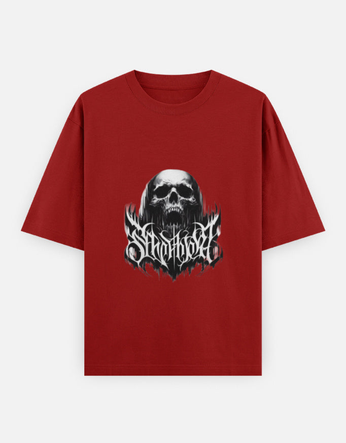 Red T-shirt with a black and white skull graphic and stylized text design on front