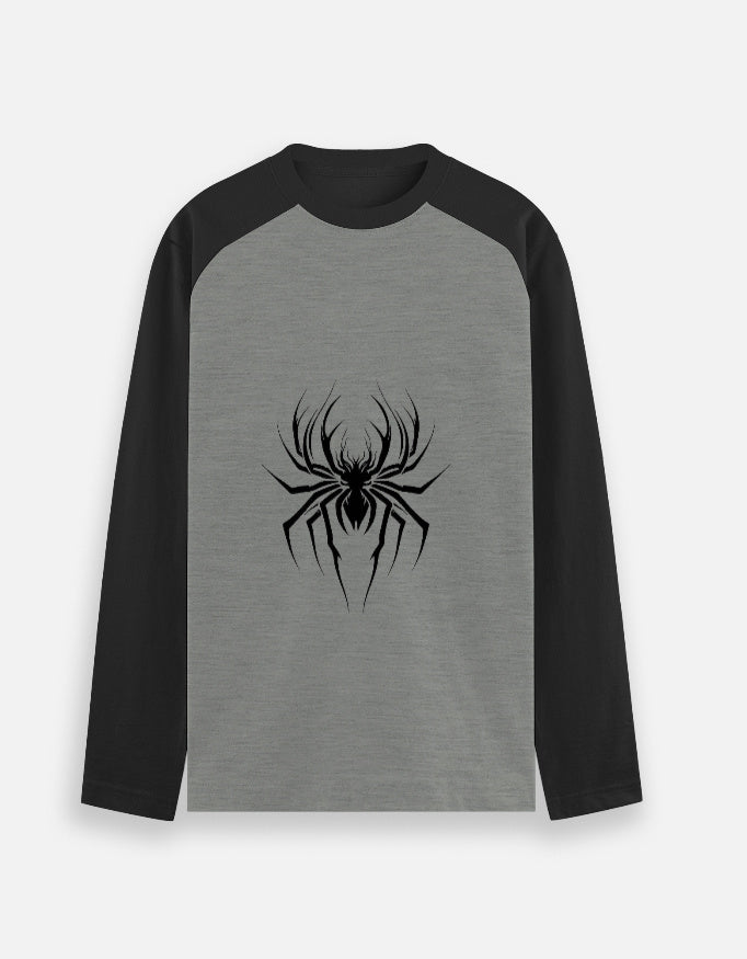 Grey raglan long sleeve shirt with black spider graphic on front and black sleeves
