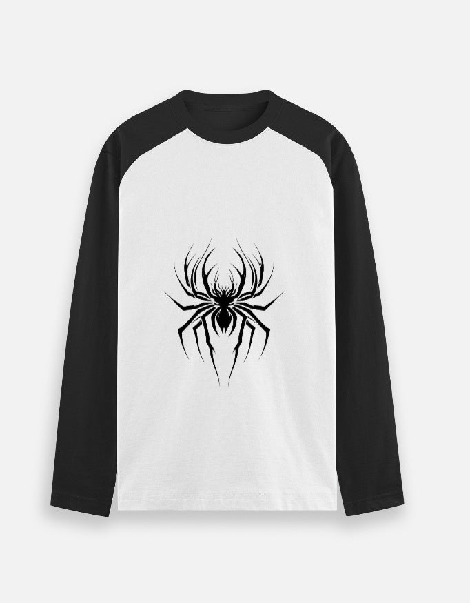 Black and white long sleeve raglan t-shirt with a large black spider graphic on the chest