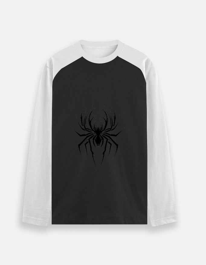 Black and white long sleeve raglan shirt with a large black spider graphic on front