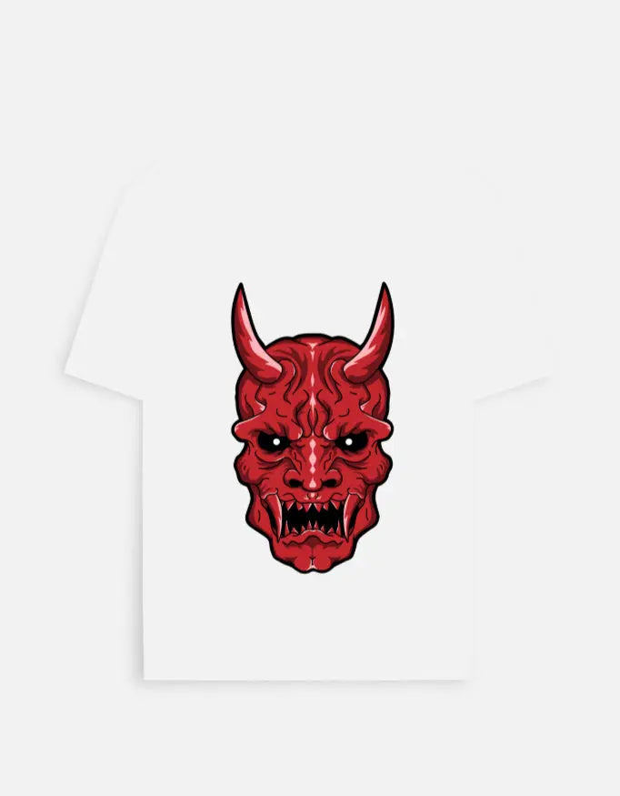 White T-shirt with a red demon face graphic featuring black eyes, sharp teeth, and horns