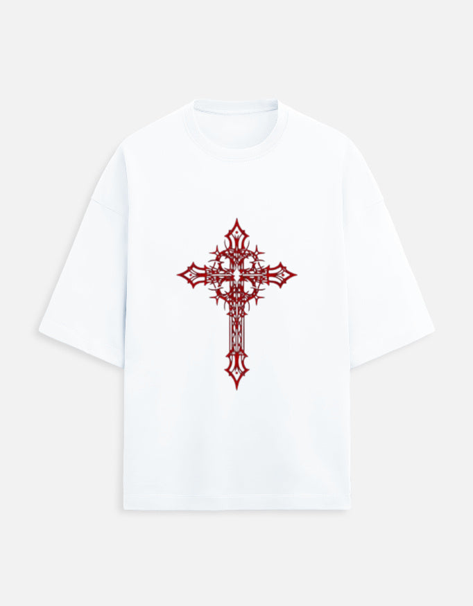 White T-shirt with intricate red gothic cross design in center, short sleeves, crew neck