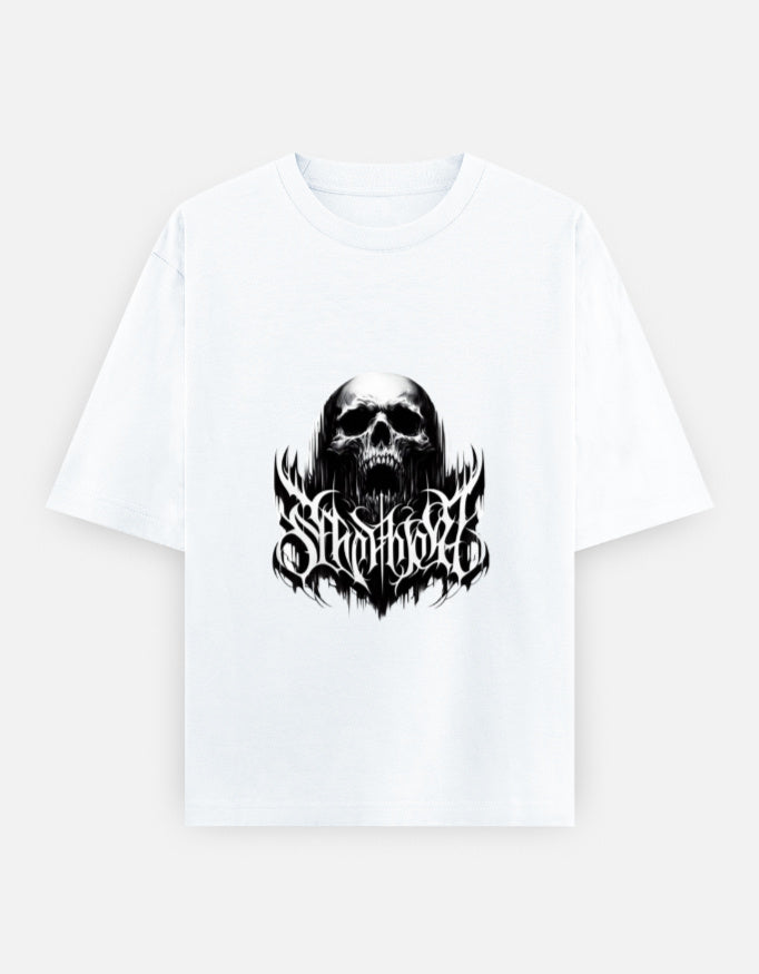 White t-shirt with black graphic print of a skull and stylized gothic text design