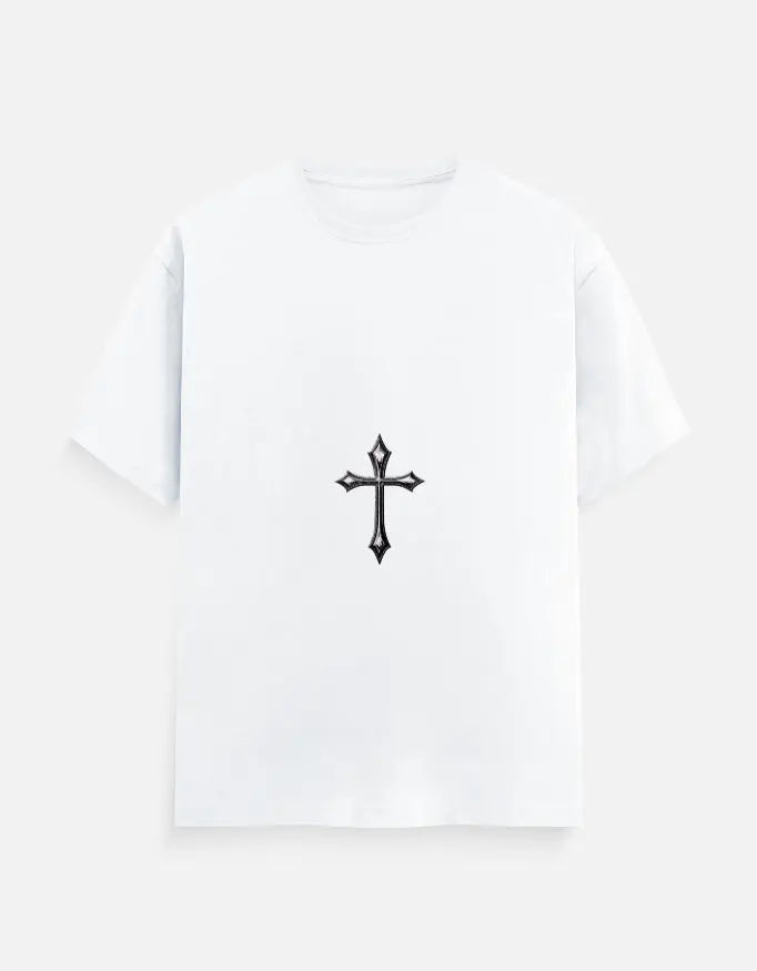White short-sleeve t-shirt with a black gothic cross emblem centered on front