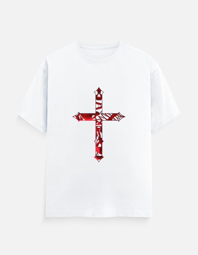 White t-shirt with red patterned cross design on front, short sleeves, casual wear