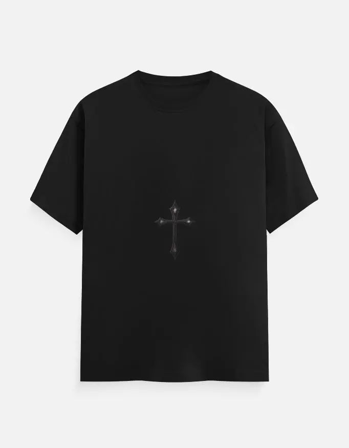 Black short-sleeve t-shirt with a small dark gothic cross graphic centered on front