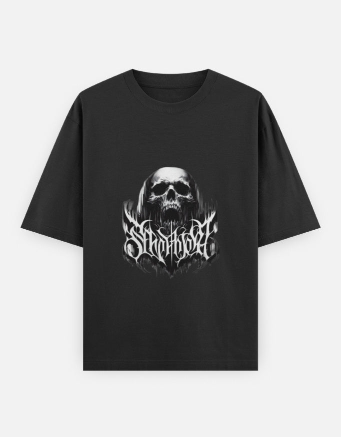 Black t-shirt featuring a graphic of a skull with gothic text design in white on the front