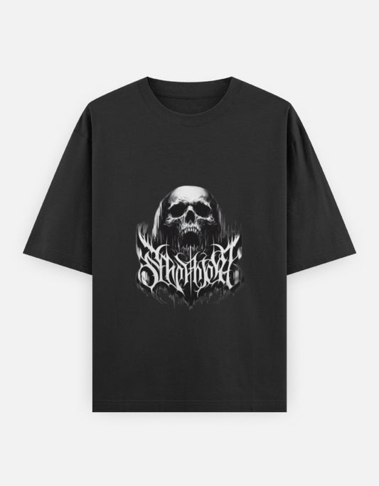 Black t-shirt featuring a graphic of a skull with gothic text design in white on the front