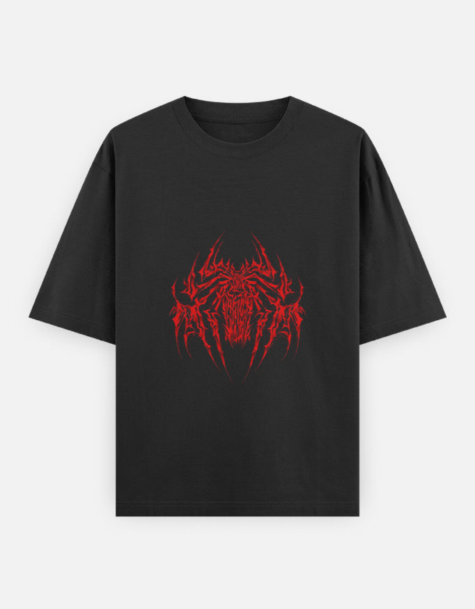 Black t-shirt with a red intricate spider graphic design on the front
