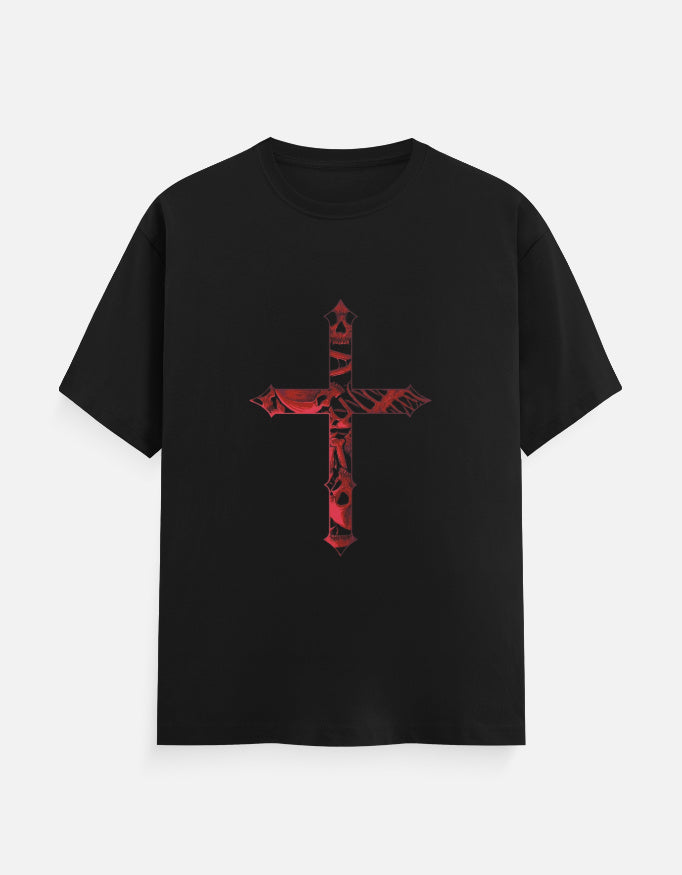 Black t-shirt with red gothic cross graphic featuring skull and bone details