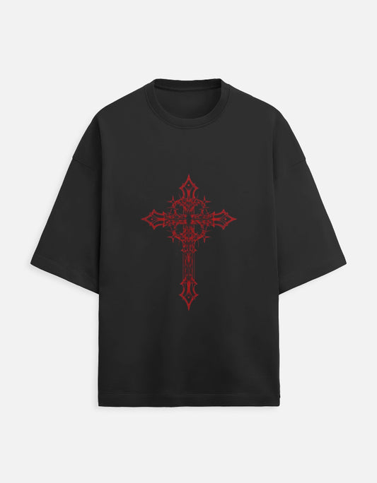 Black oversized t-shirt with a detailed red gothic cross design in the center