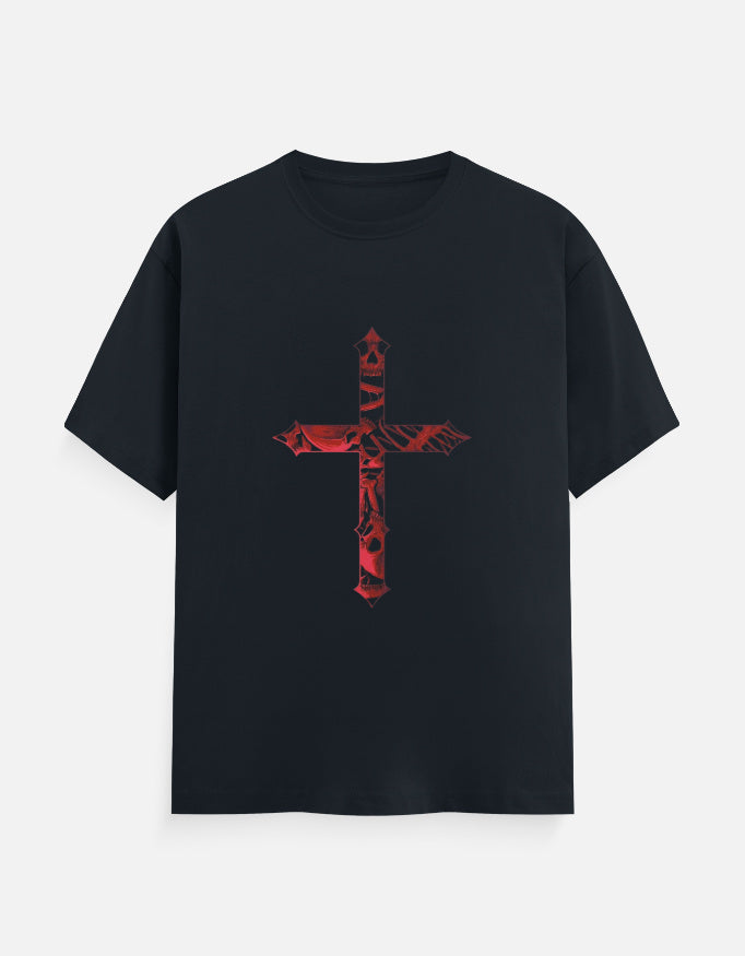 Black t-shirt with a red inverted cross featuring skull and rose details graphic