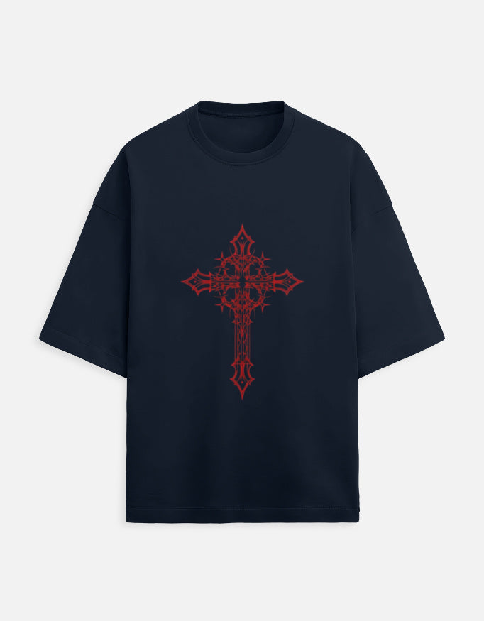 Navy blue oversized t-shirt with intricate red gothic cross design on front