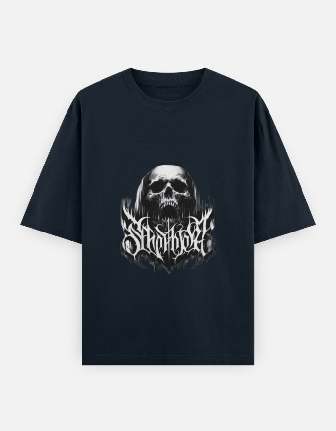 Black t-shirt with a detailed graphic of a skull and gothic-style text design