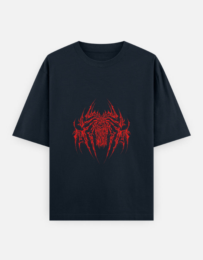 Black short-sleeve T-shirt with a detailed red spider graphic design on the front