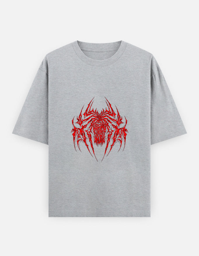 Gray short-sleeve T-shirt with a detailed red spider graphic design on the front
