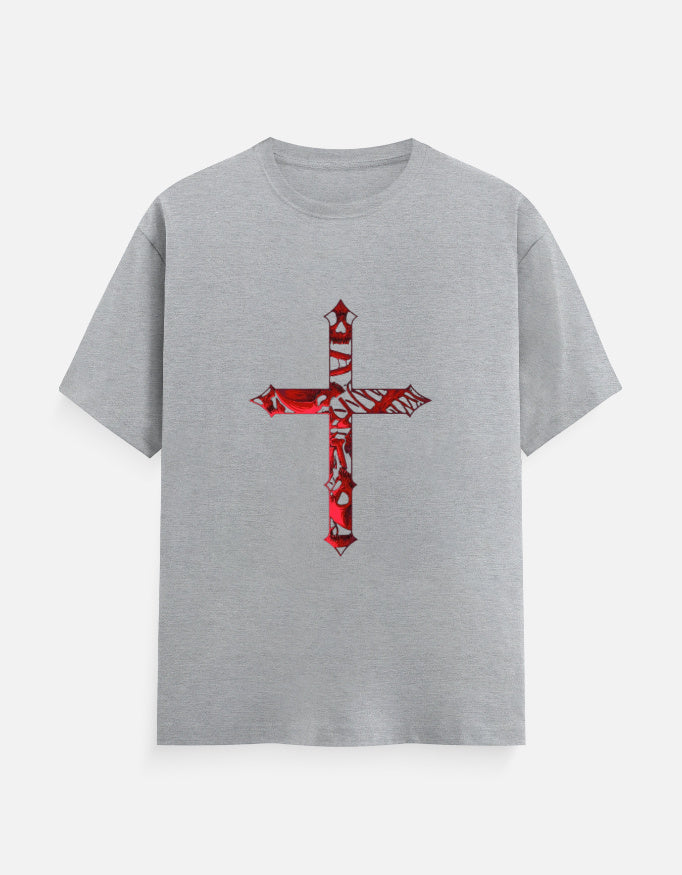 Gray t-shirt with a red and black patterned cross graphic on the front