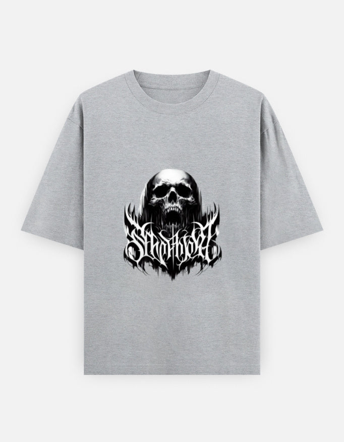 grey short-sleeve t-shirt with black and white skull graphic and gothic text design